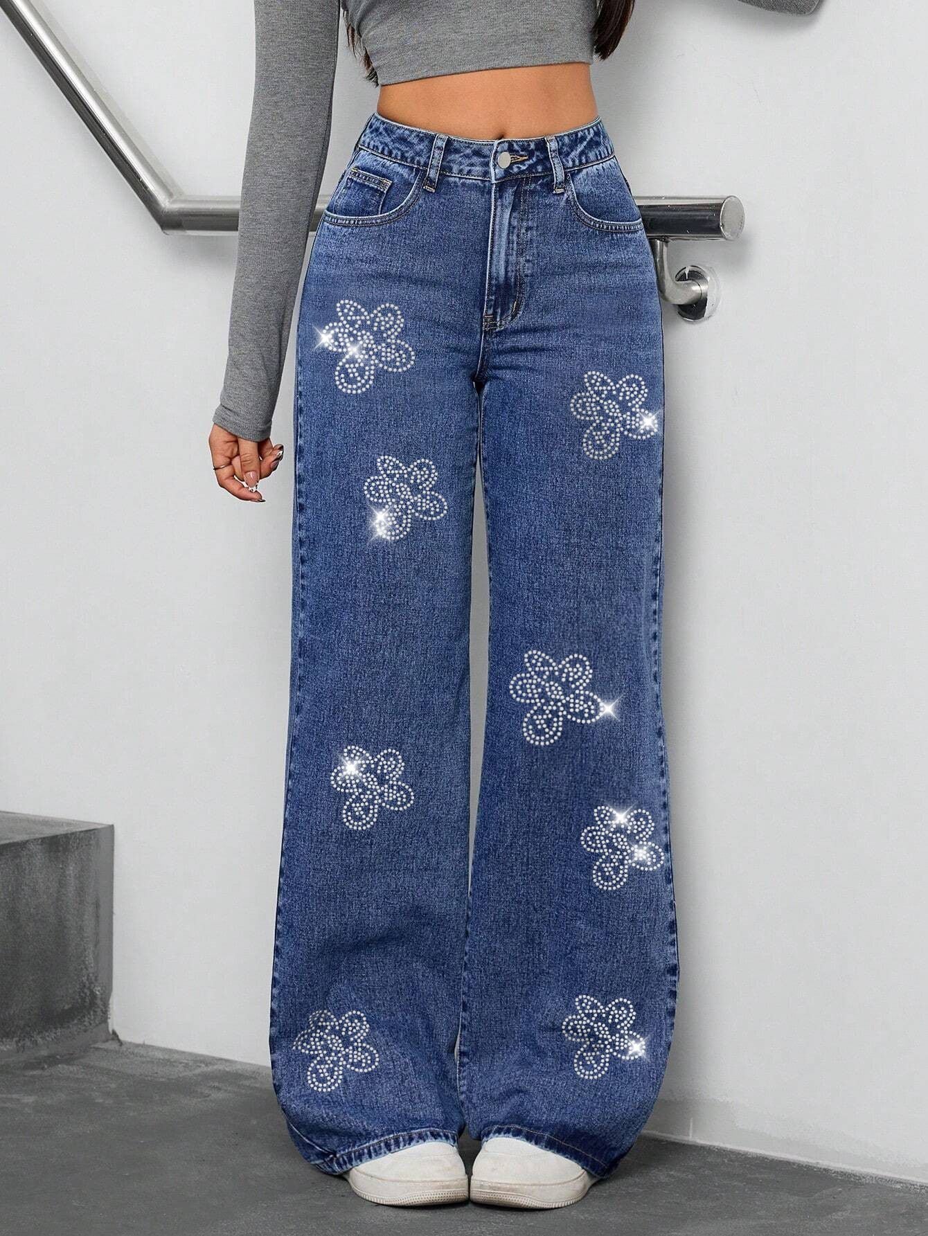 Floral Rhinestone-Embellished Relaxed Straight-Leg Jeans