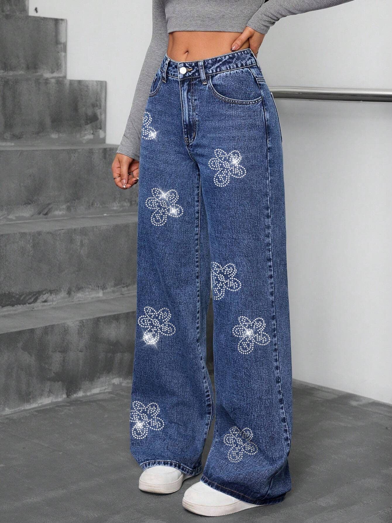 Floral Rhinestone-Embellished Relaxed Straight-Leg Jeans