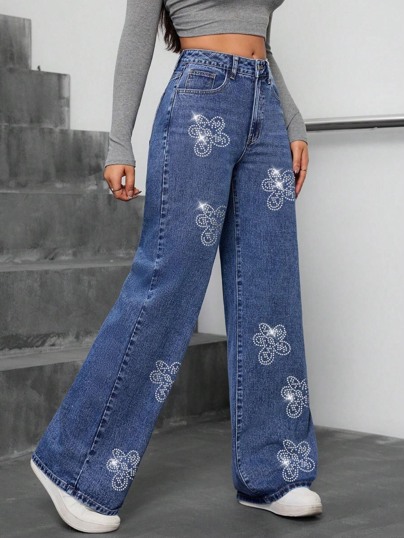 Floral Rhinestone-Embellished Relaxed Straight-Leg Jeans
