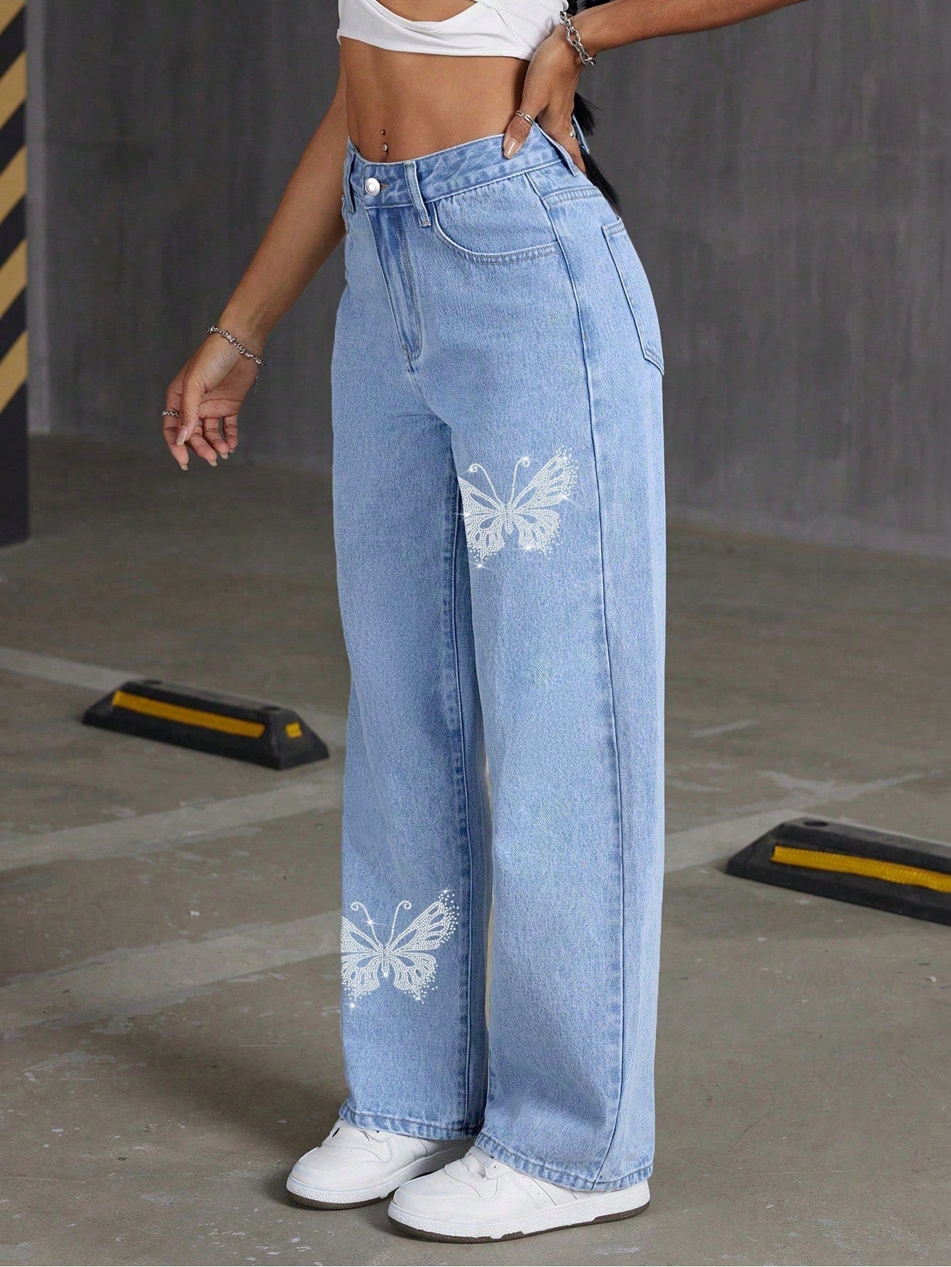 Rhinestone Butterfly Straight-Leg Jeans