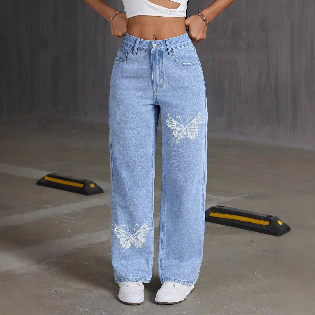 Rhinestone Butterfly Straight-Leg Jeans