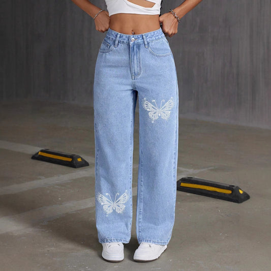 Rhinestone Butterfly Straight-Leg Jeans