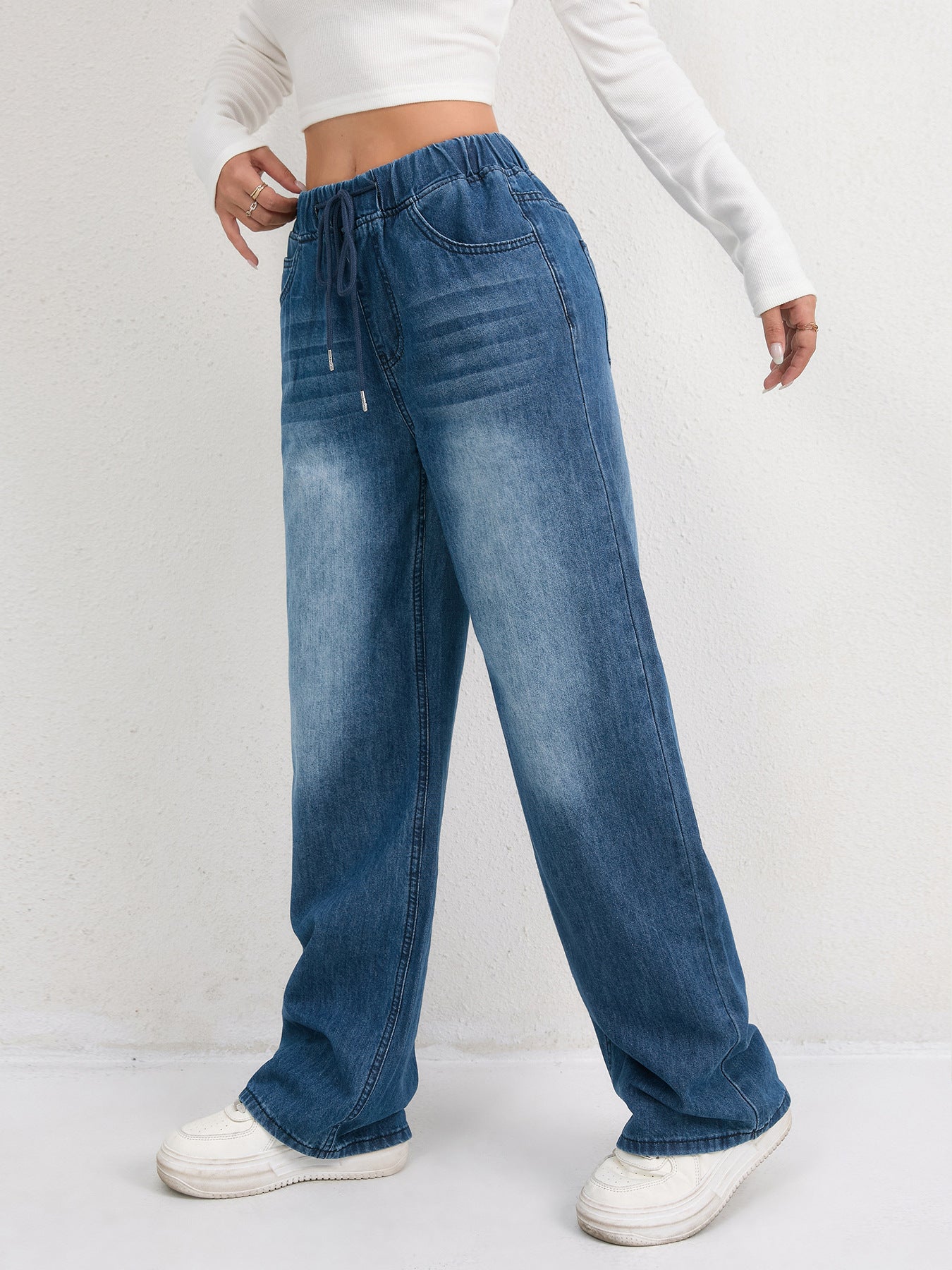 High-Waisted Drawstring Wide-Leg Washed Jeans