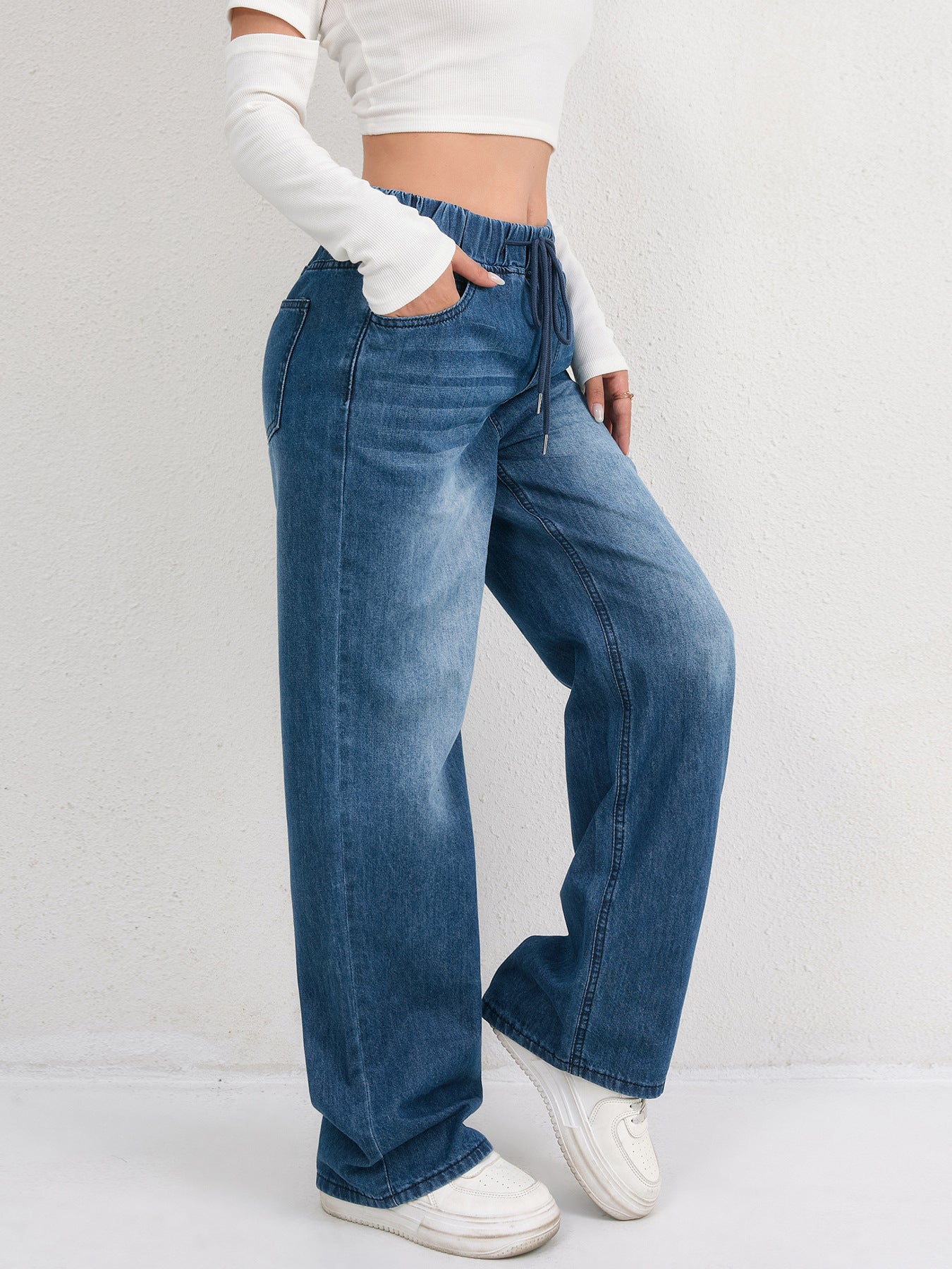 High-Waisted Drawstring Wide-Leg Washed Jeans