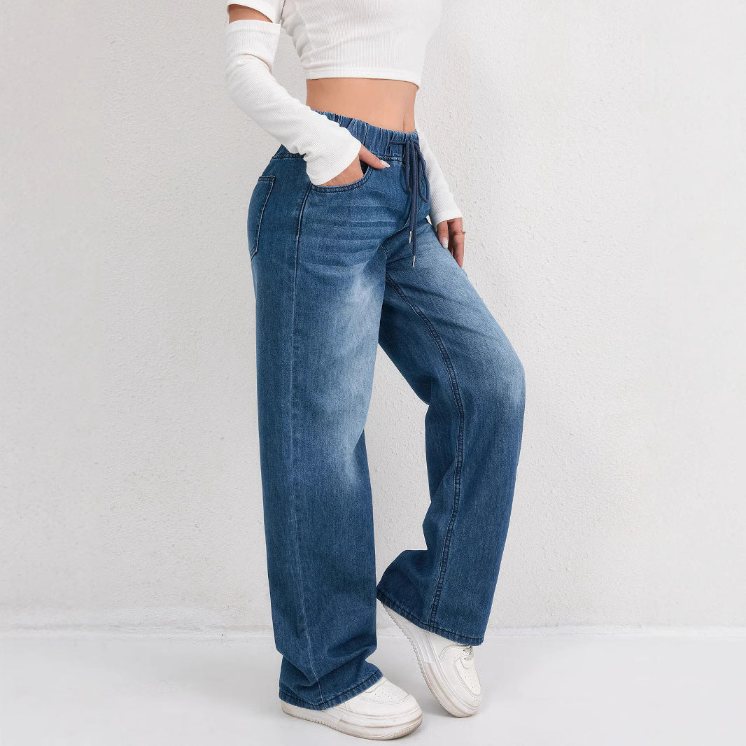 High-Waisted Drawstring Wide-Leg Washed Jeans