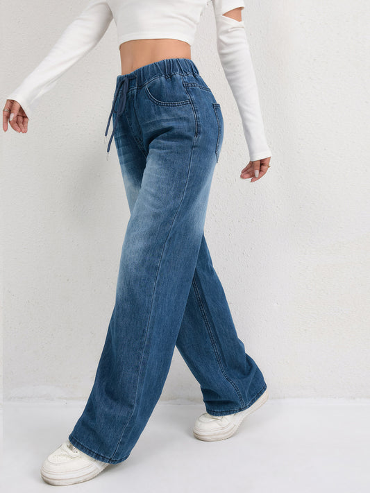 High-Waisted Drawstring Wide-Leg Washed Jeans