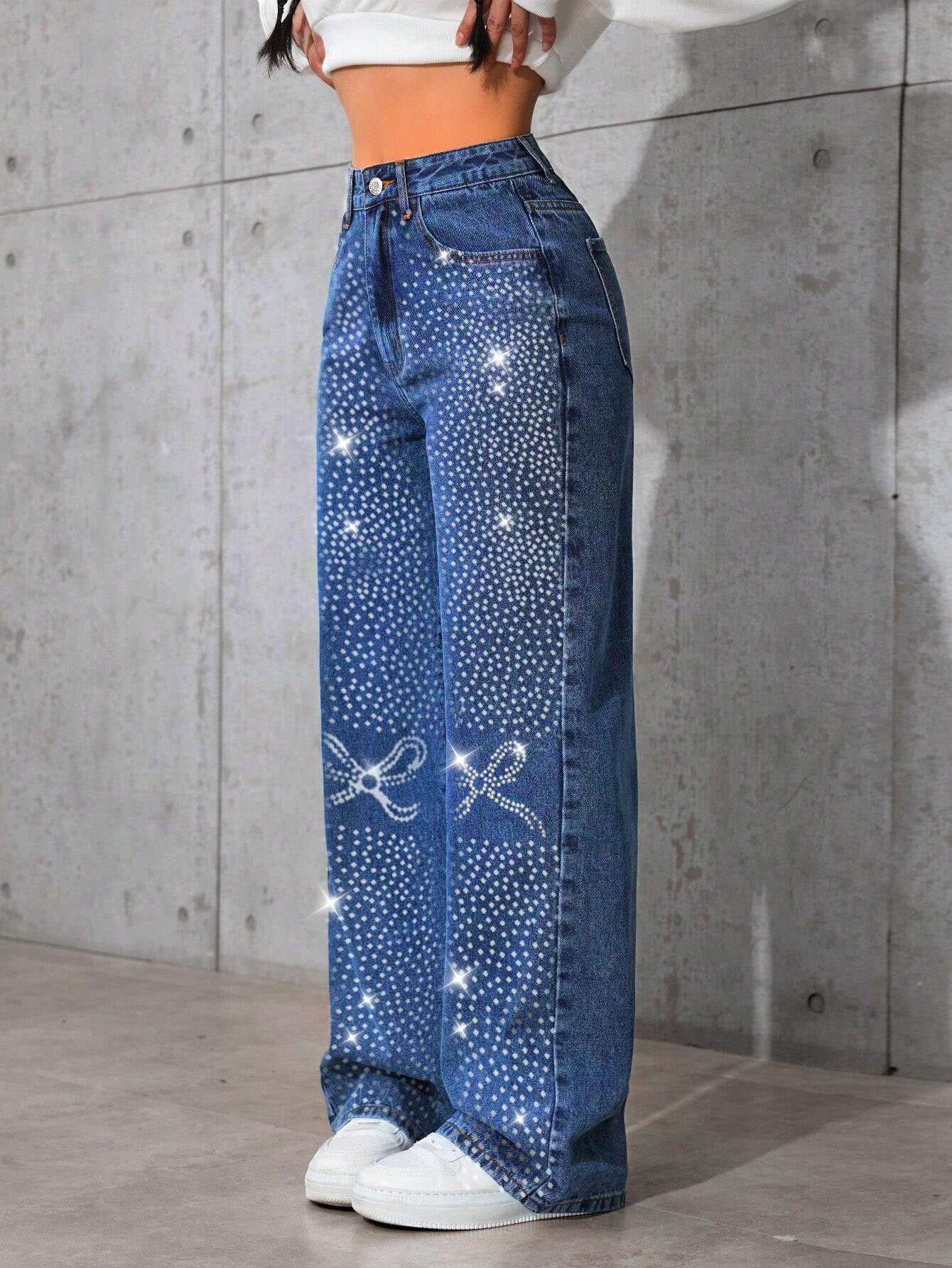 Rhinestone Butterfly Loose Straight-Leg Pants