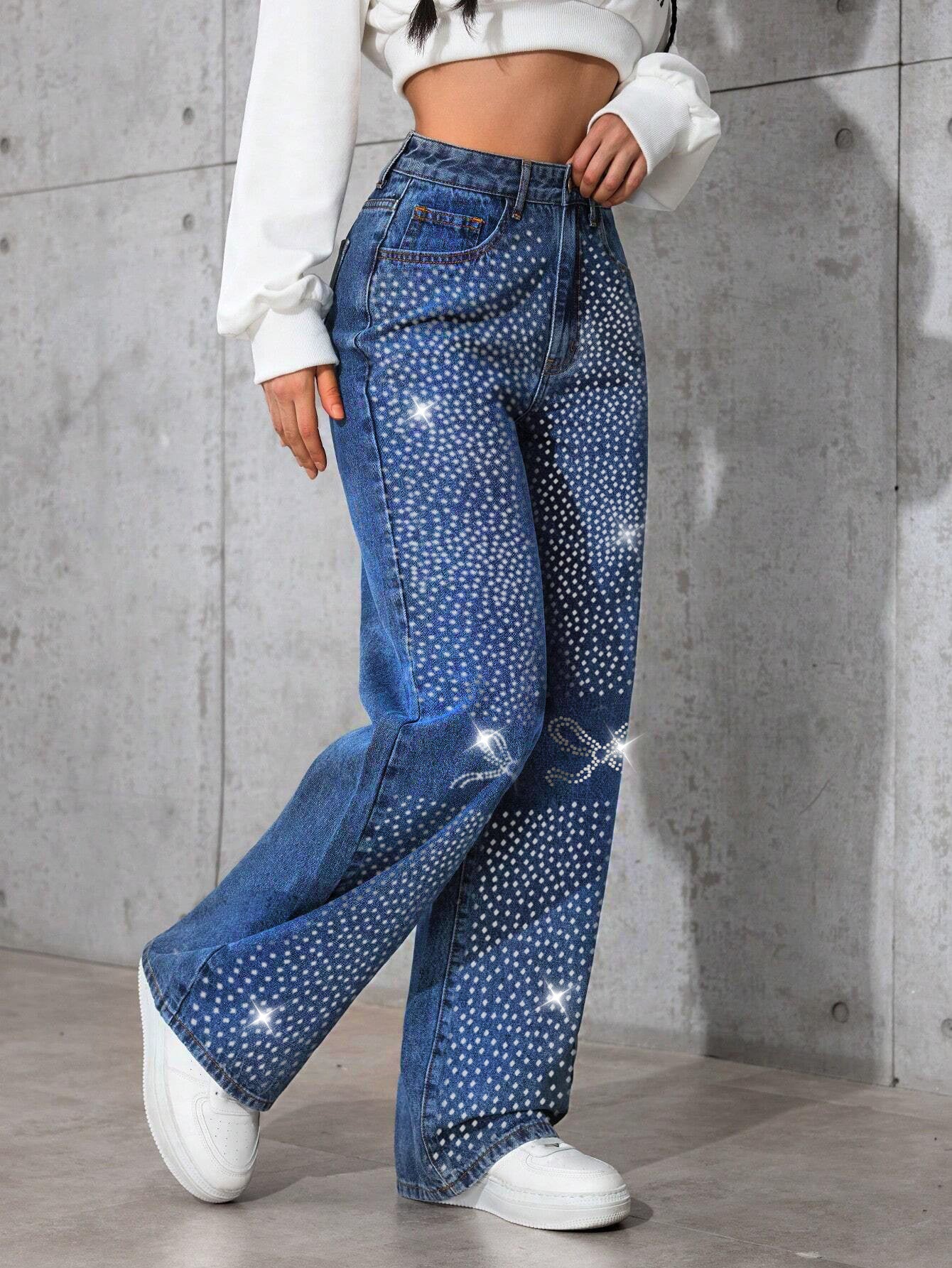 Rhinestone Butterfly Loose Straight-Leg Pants
