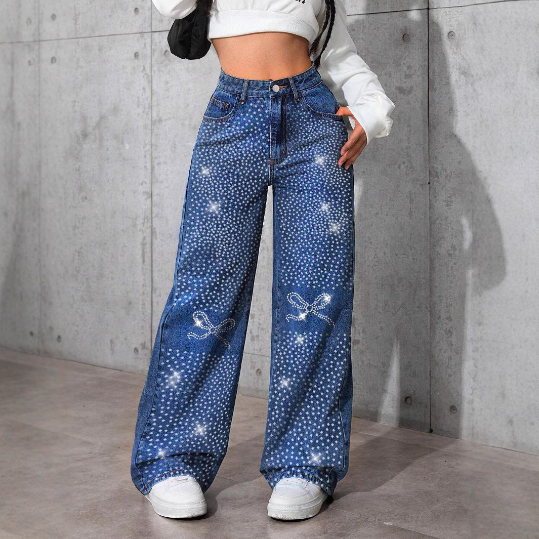 Rhinestone Butterfly Loose Straight-Leg Pants