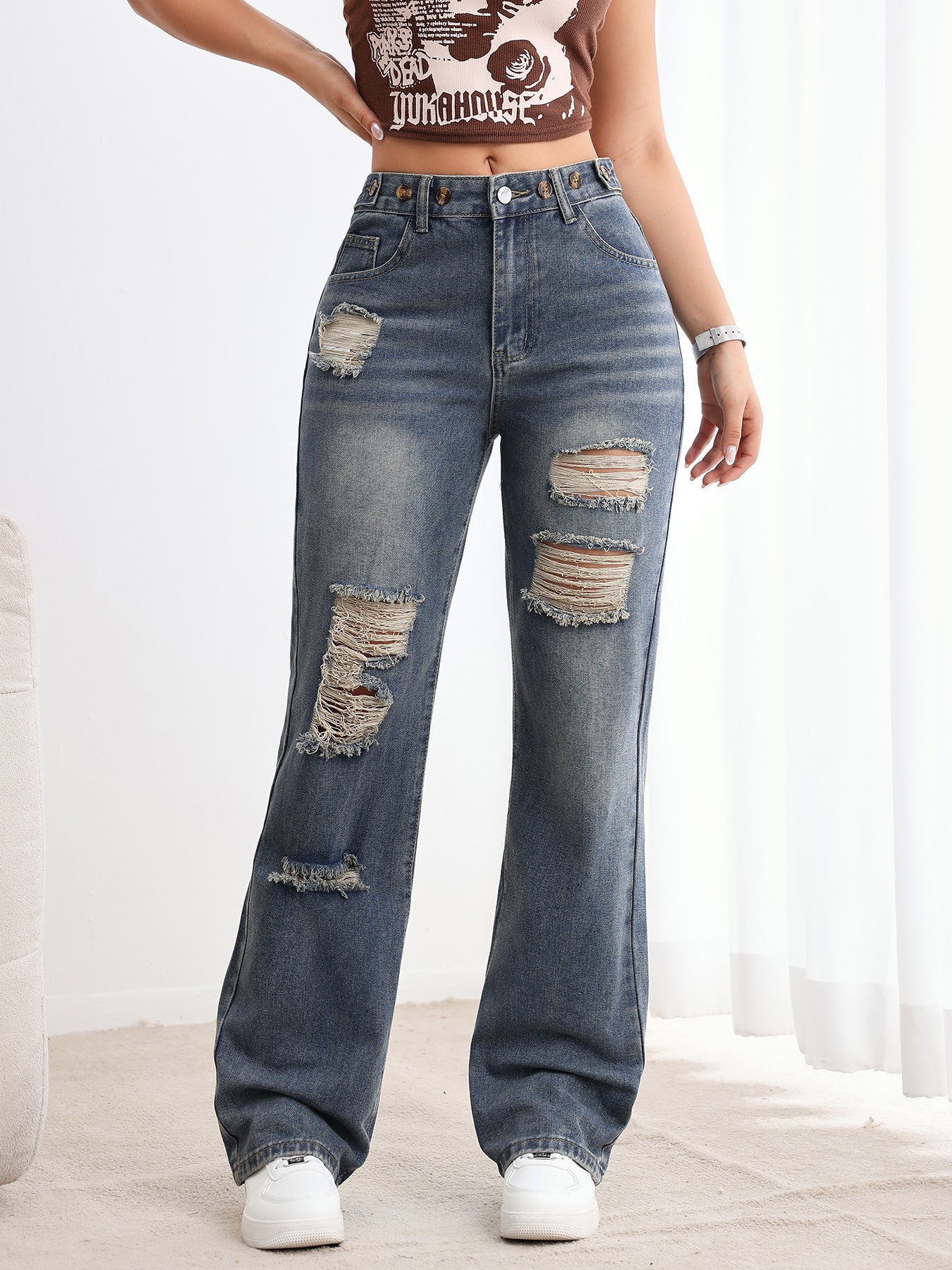 High-Waisted Distressed Jeans