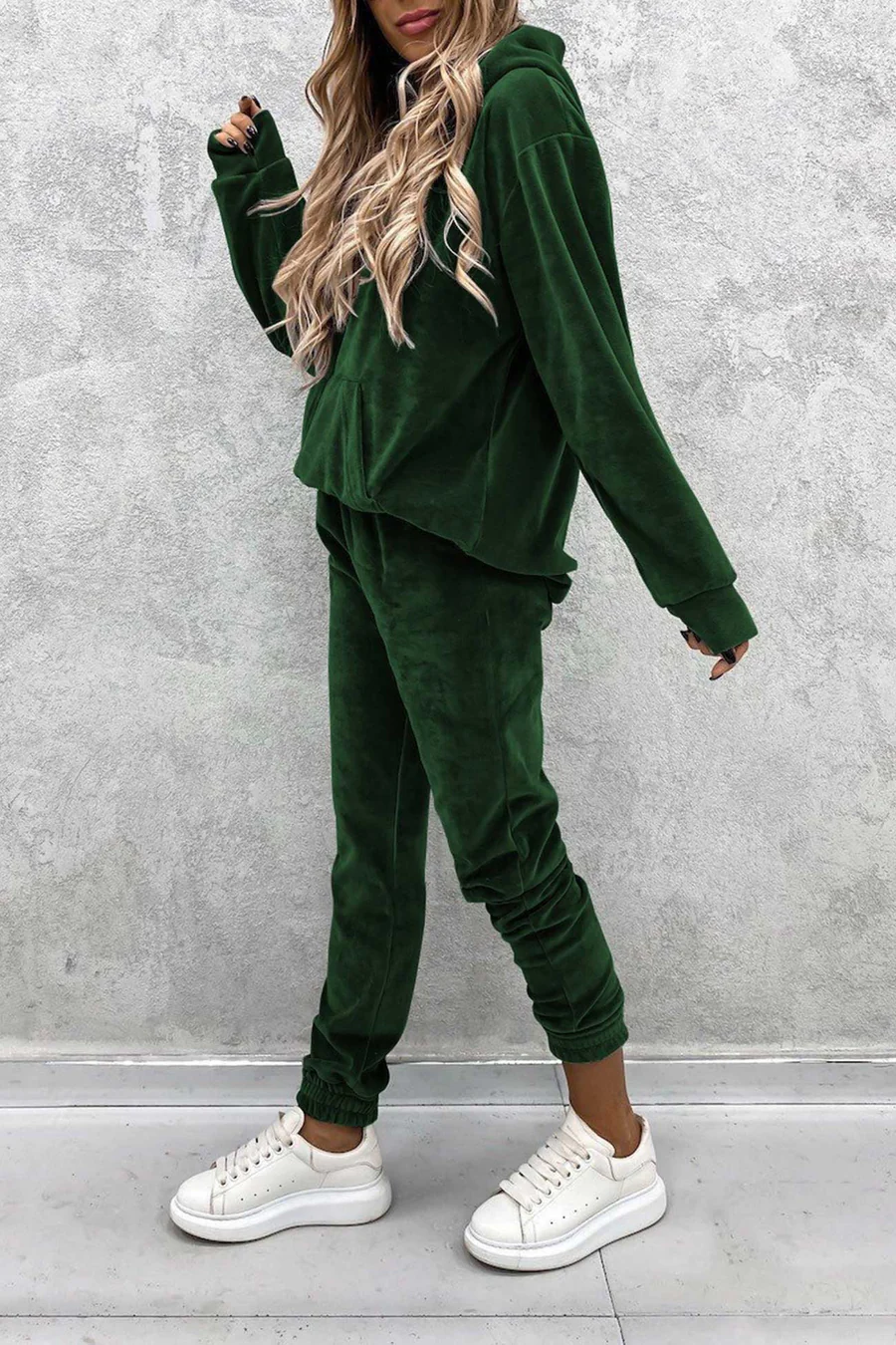 Velour Solid Color Hoodie Long Pants Sets