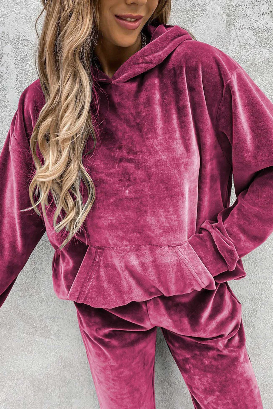 Velour Solid Color Hoodie Long Pants Sets