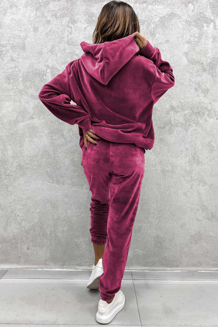 Velour Solid Color Hoodie Long Pants Sets