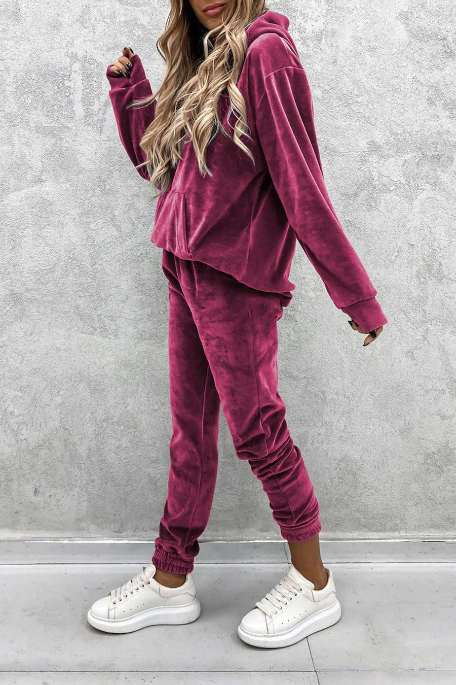 Velour Solid Color Hoodie Long Pants Sets