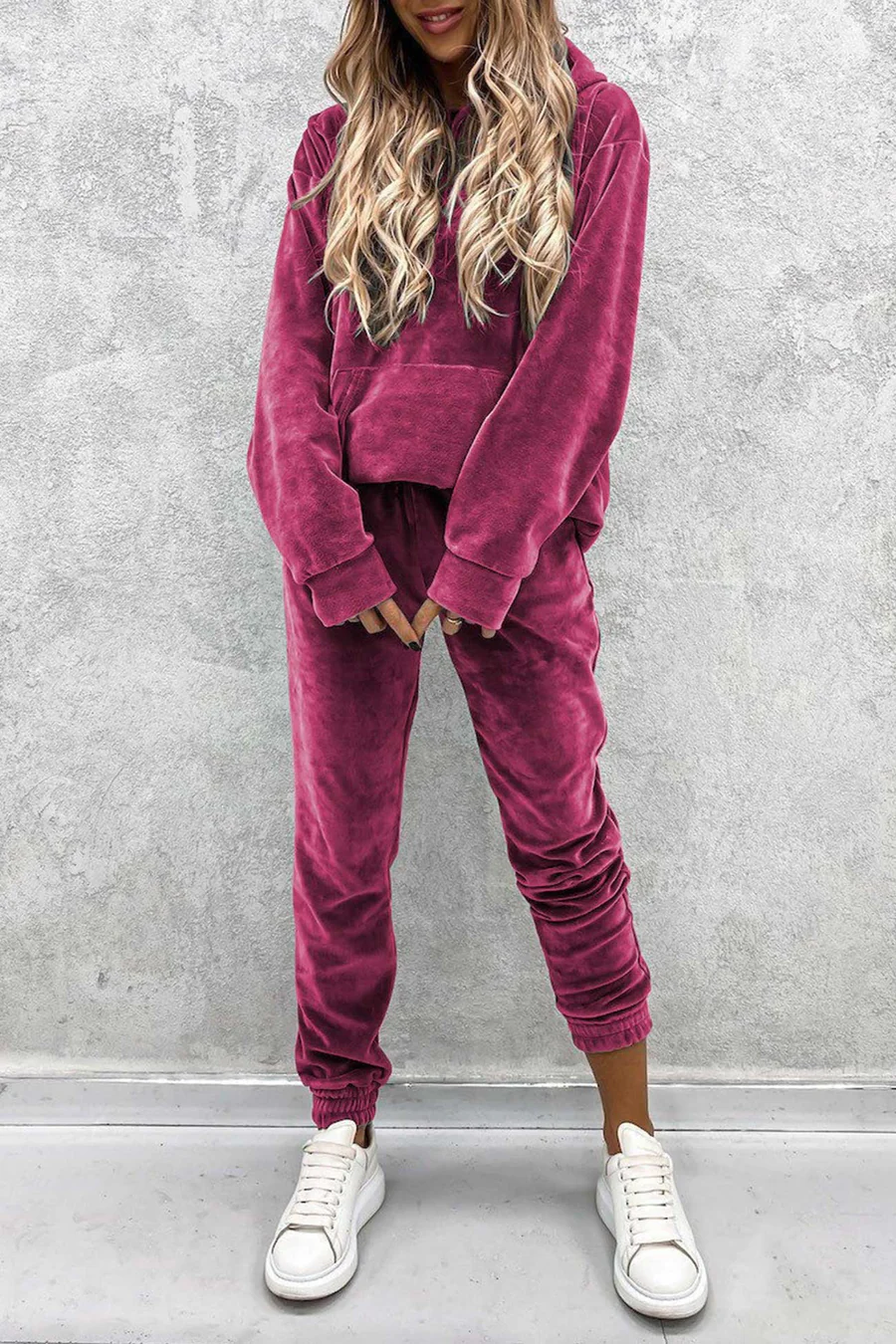 Velour Solid Color Hoodie Long Pants Sets