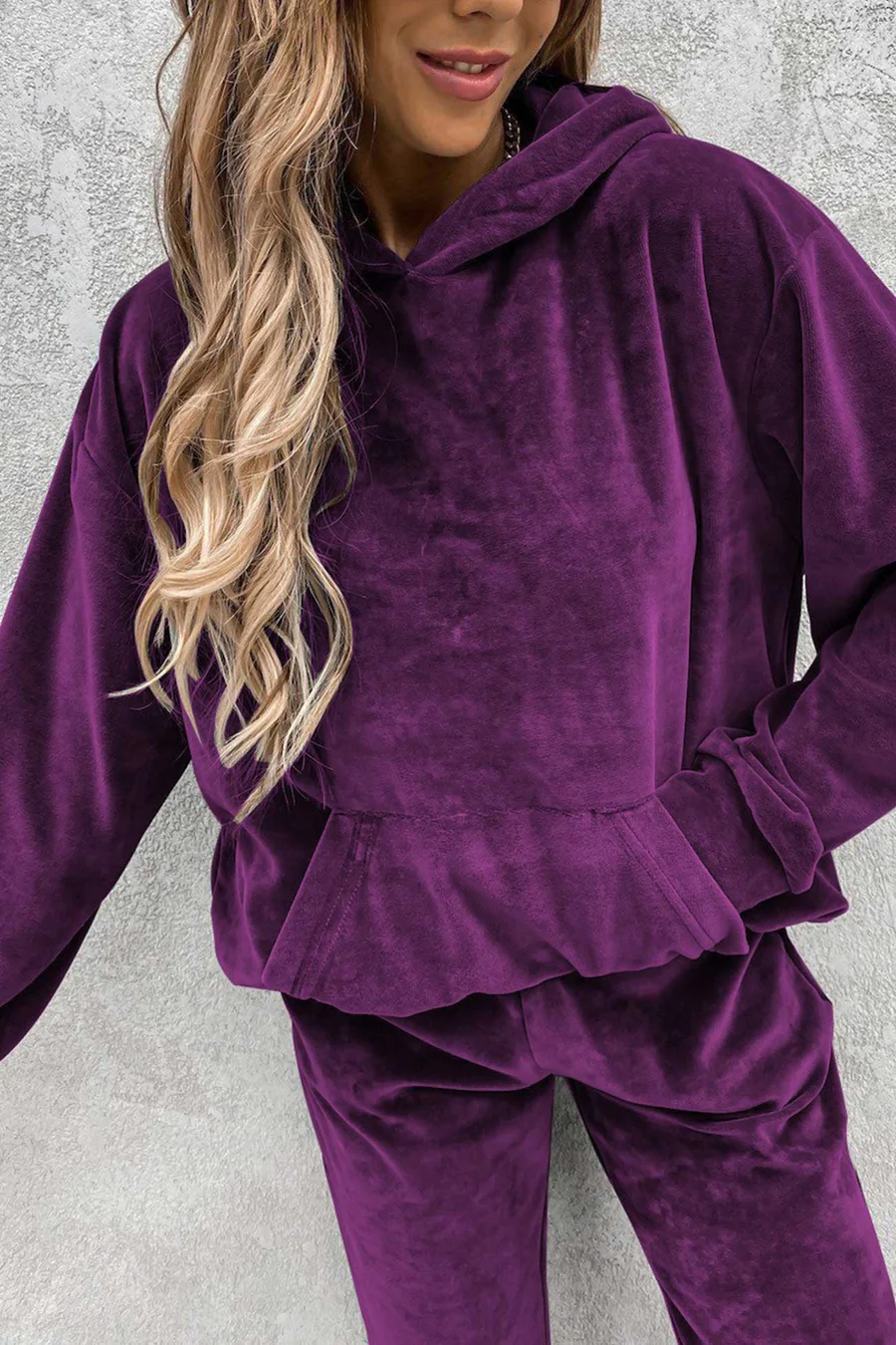 Velour Solid Color Hoodie Long Pants Sets