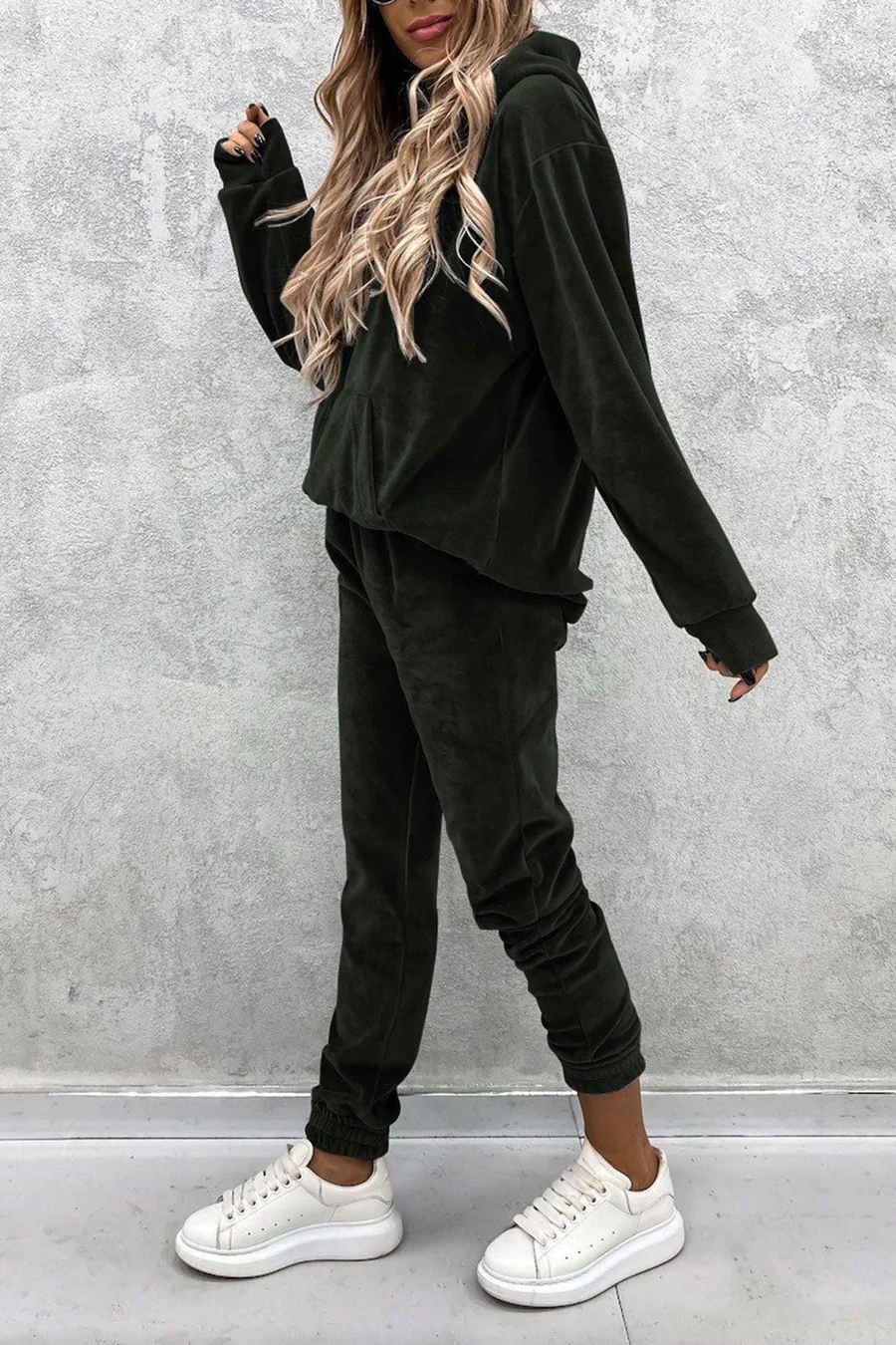 Velour Solid Color Hoodie Long Pants Sets