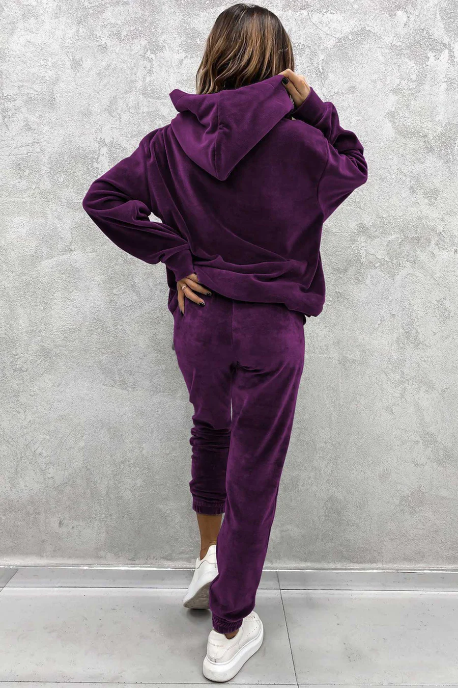 Velour Solid Color Hoodie Long Pants Sets