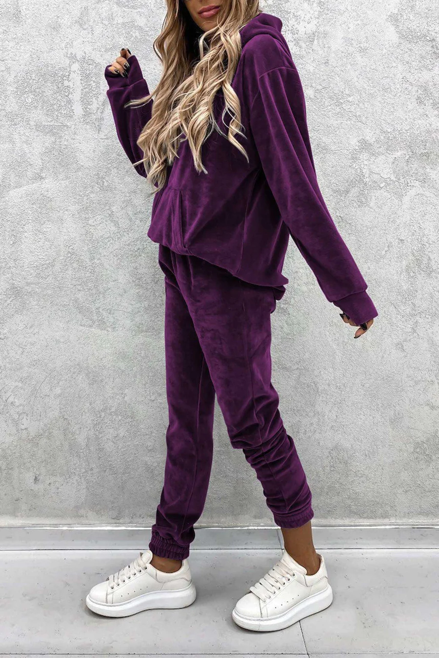 Velour Solid Color Hoodie Long Pants Sets
