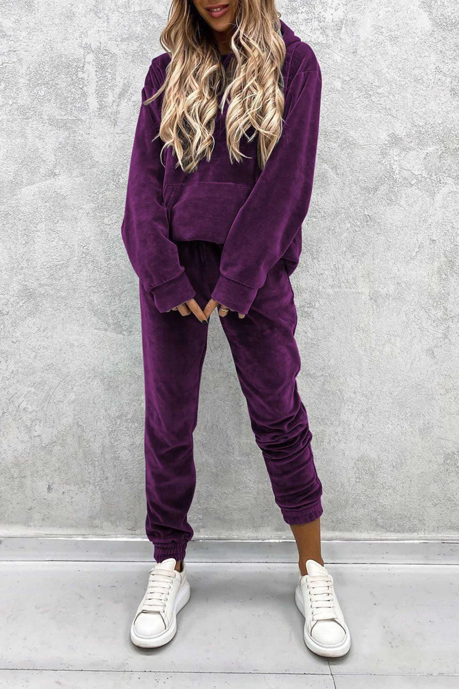 Velour Solid Color Hoodie Long Pants Sets