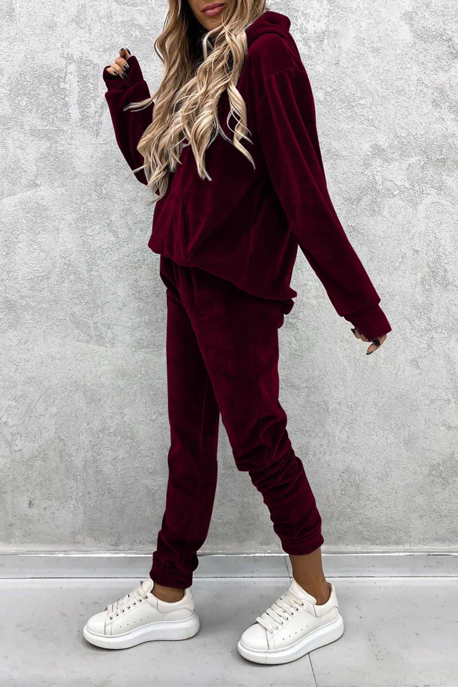 Velour Solid Color Hoodie Long Pants Sets