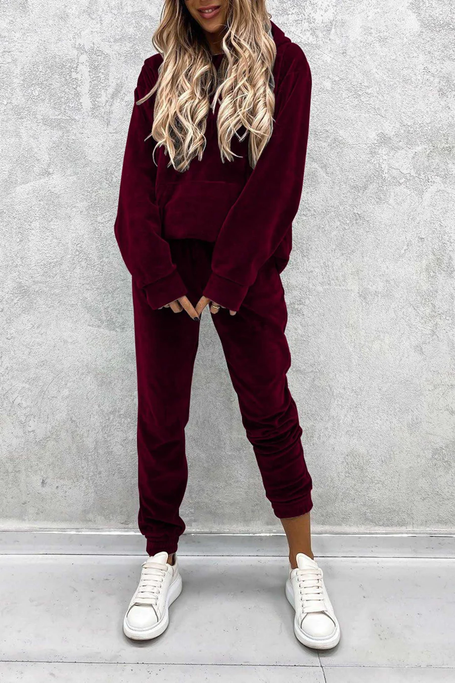Velour Solid Color Hoodie Long Pants Sets