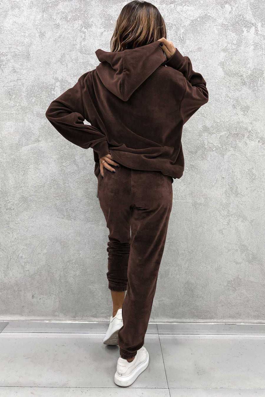 Velour Solid Color Hoodie Long Pants Sets