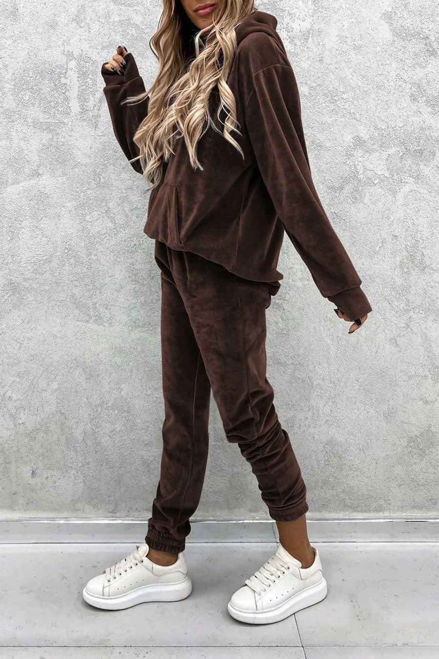 Velour Solid Color Hoodie Long Pants Sets