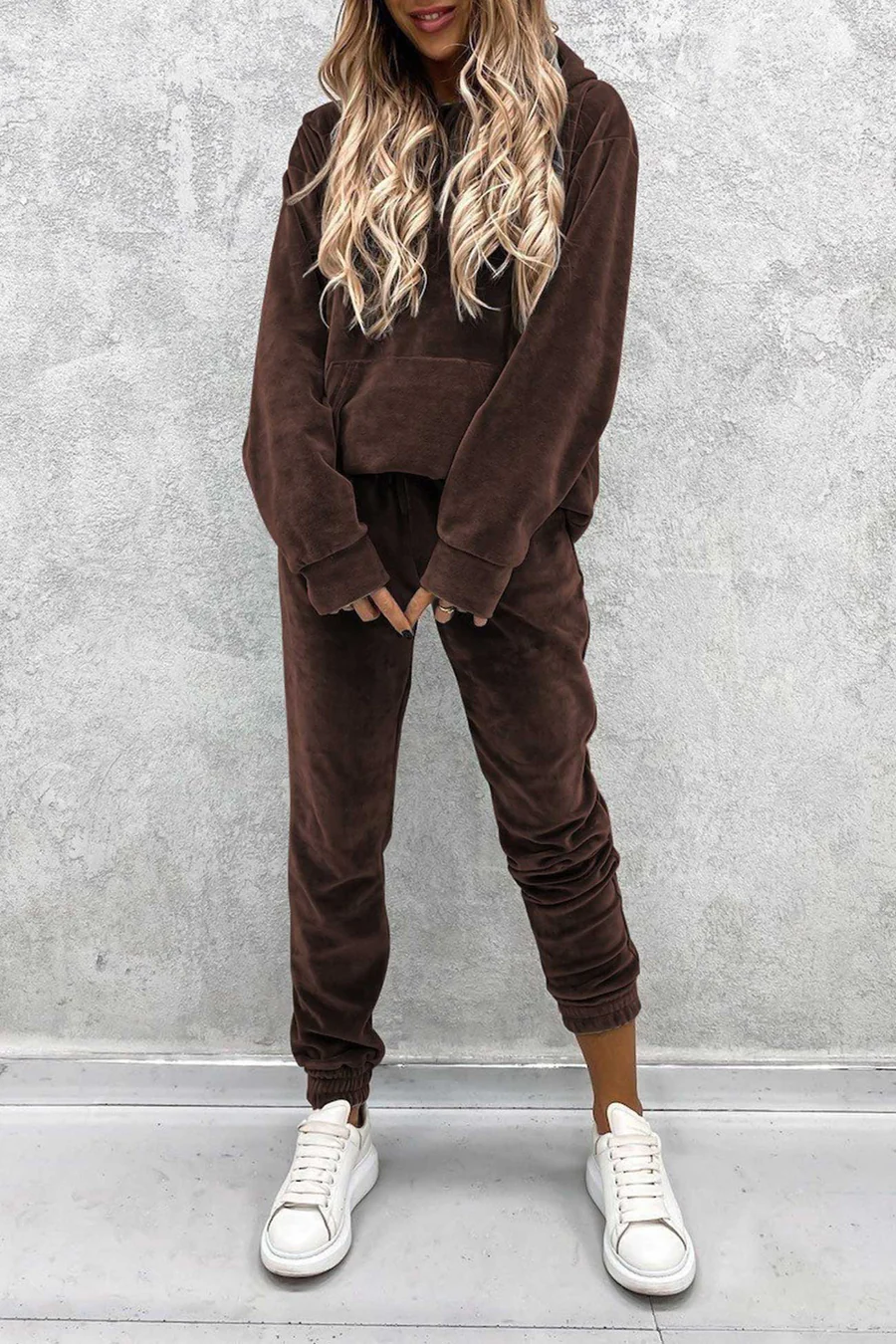Velour Solid Color Hoodie Long Pants Sets