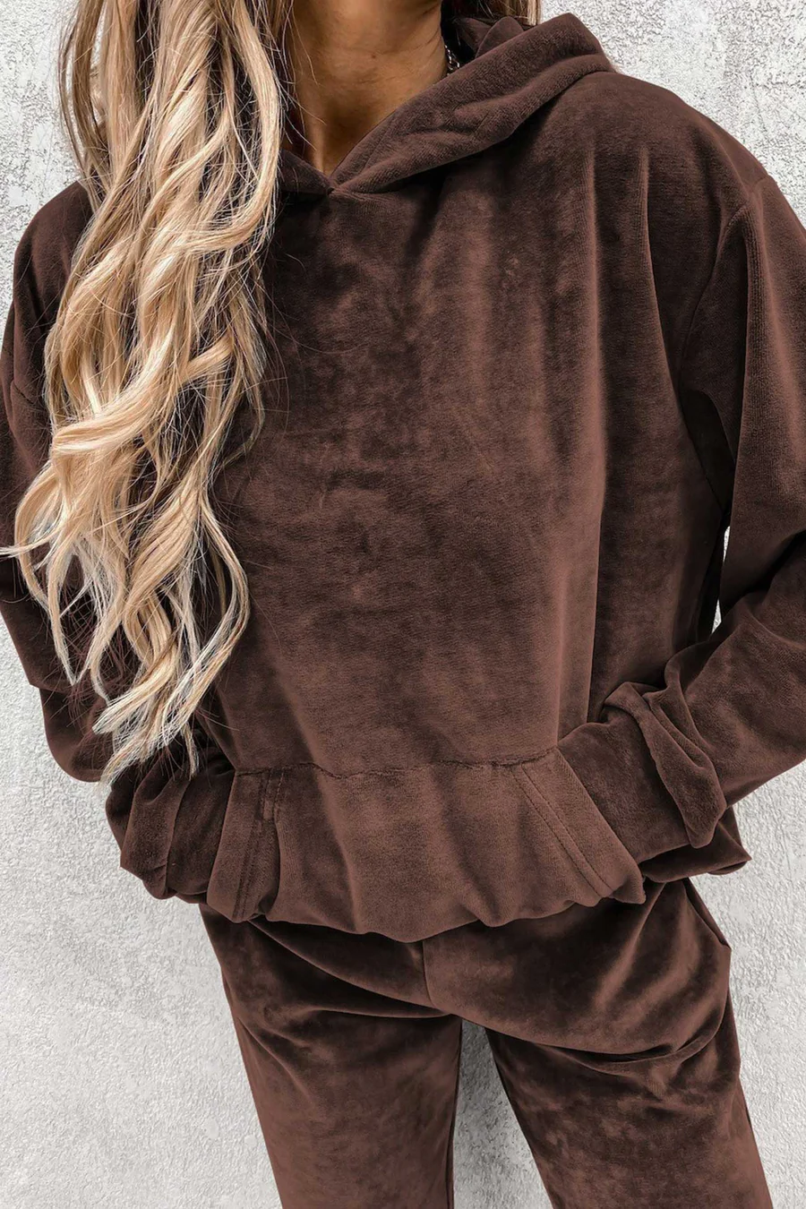 Velour Solid Color Hoodie Long Pants Sets