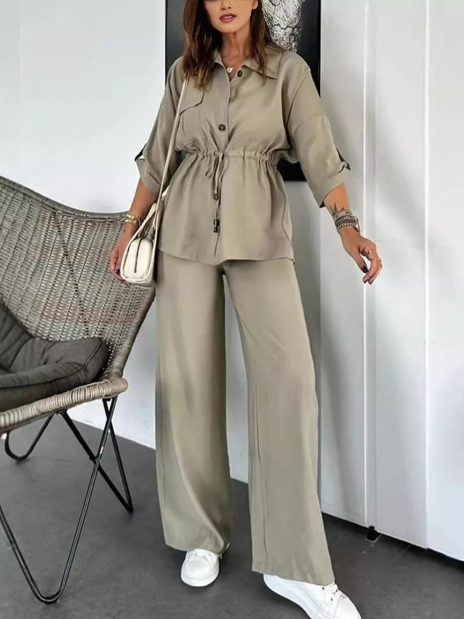 Casual Solid-Color Drawstring Pocket Button-Front Sets