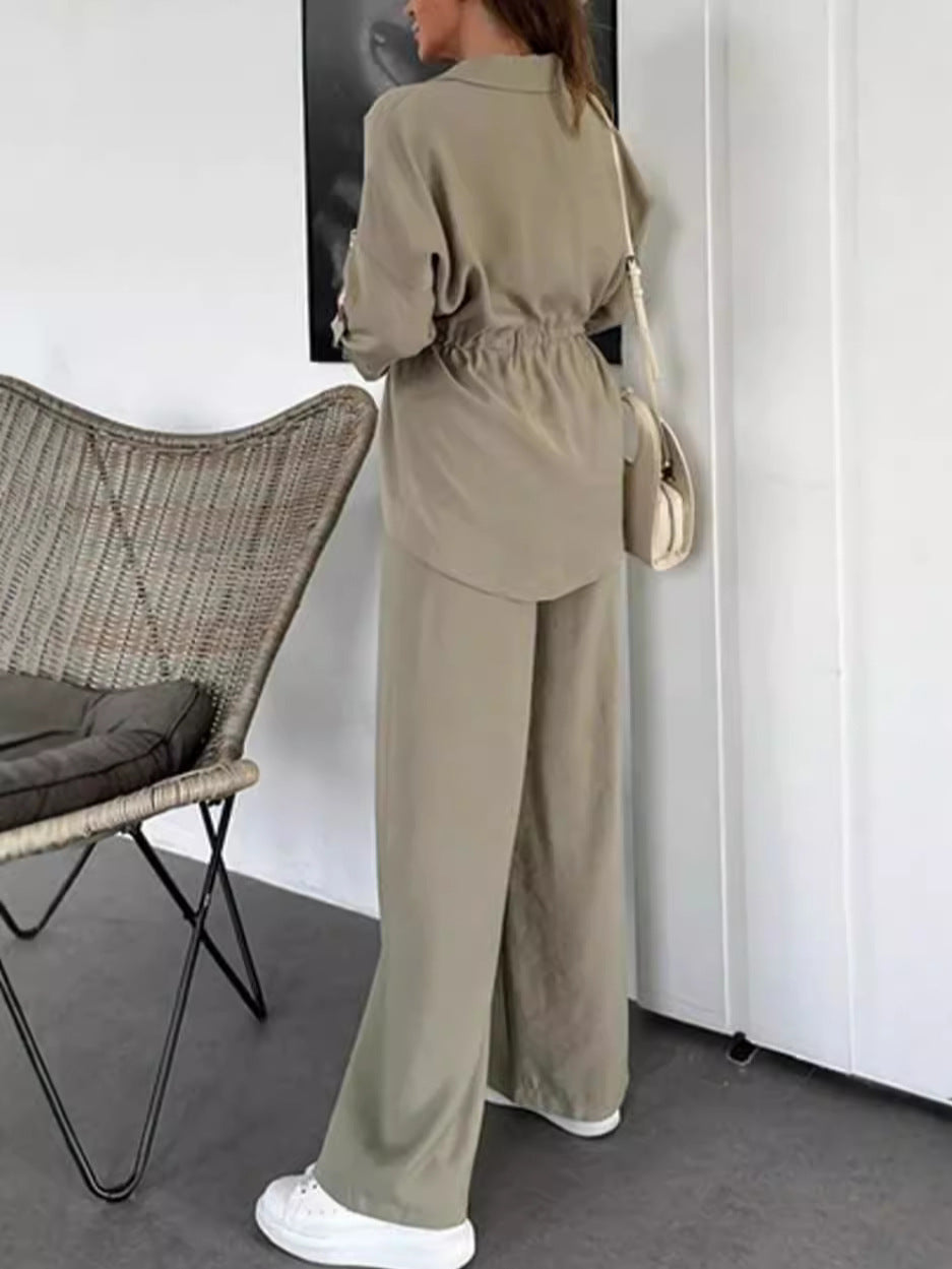 Casual Solid-Color Drawstring Pocket Button-Front Sets