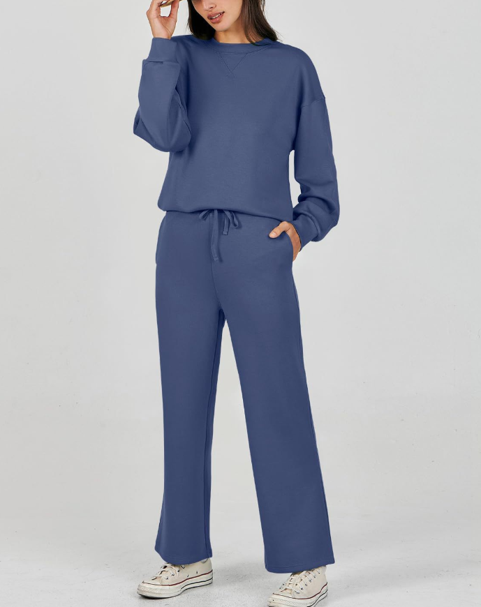 Solid-Color Crew Neck Casual Sets