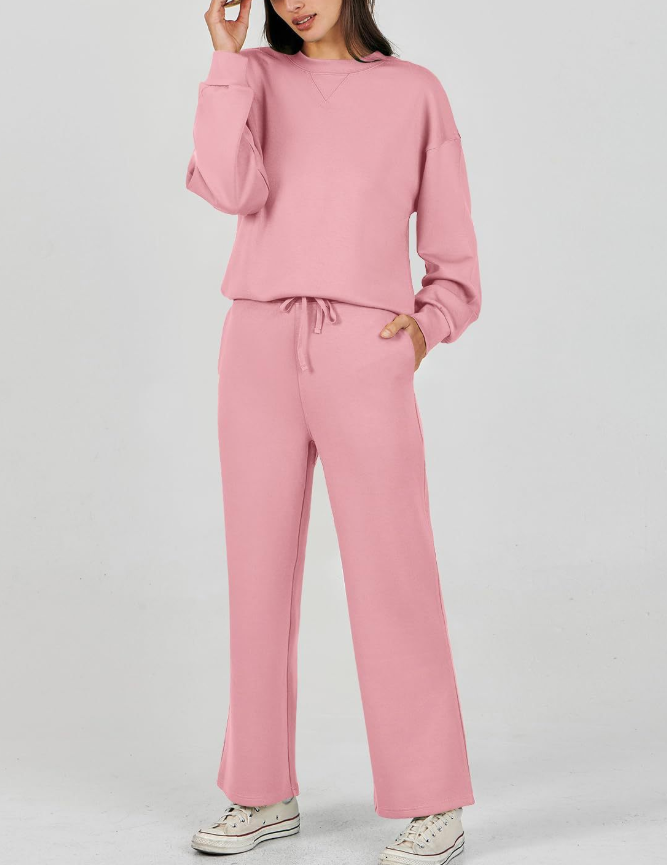 Solid-Color Crew Neck Casual Sets