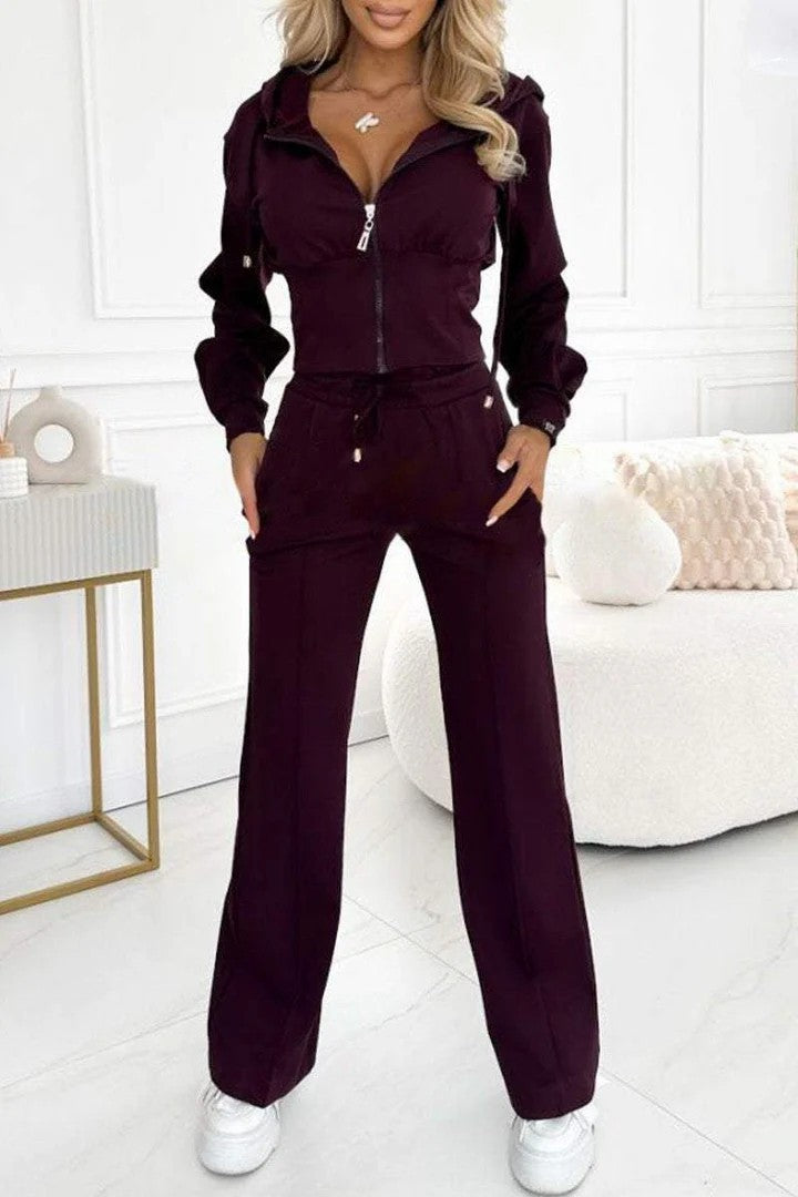Solid-Color Hooded Zipper Jacket Two-Piece Sets