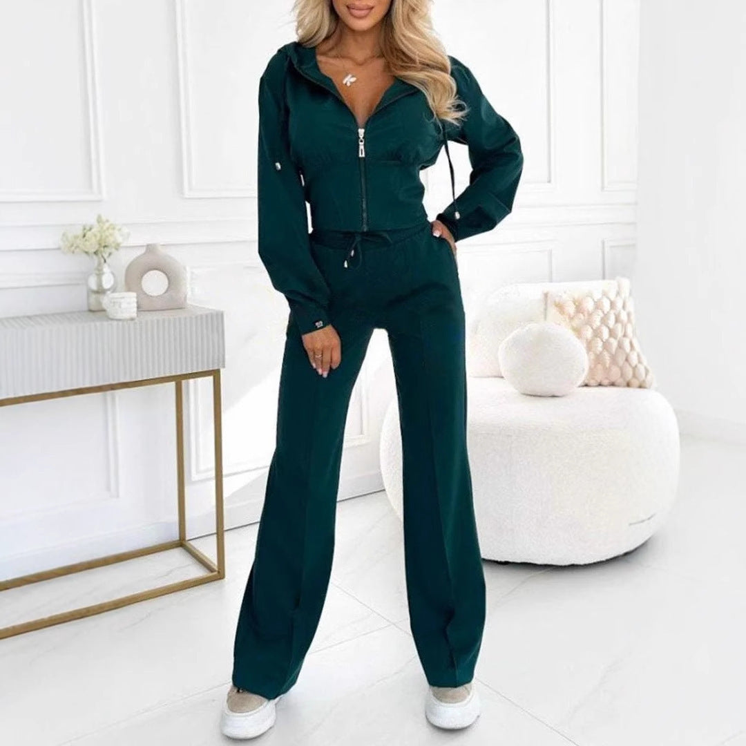 Solid-Color Hooded Zipper Jacket Two-Piece Sets
