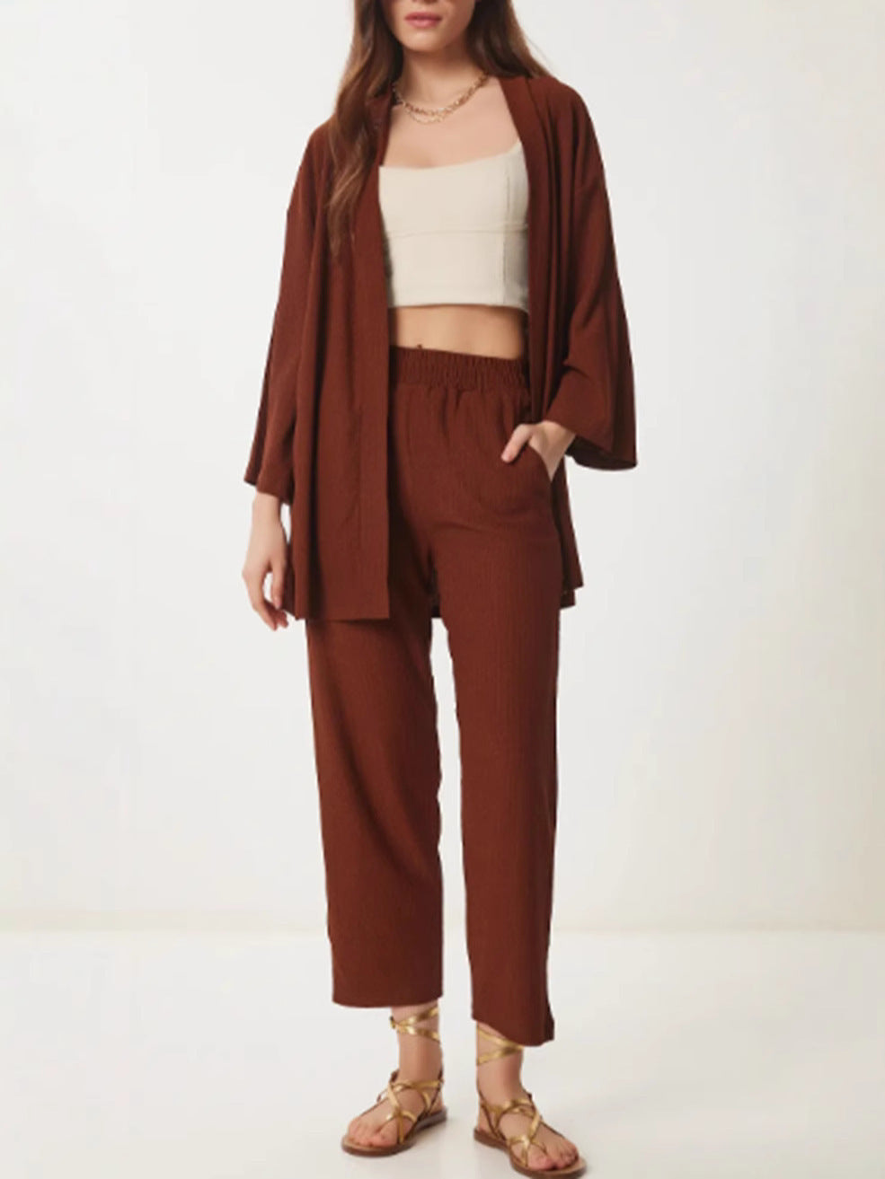 Solid-Color Cardigan Two-Piece Sets