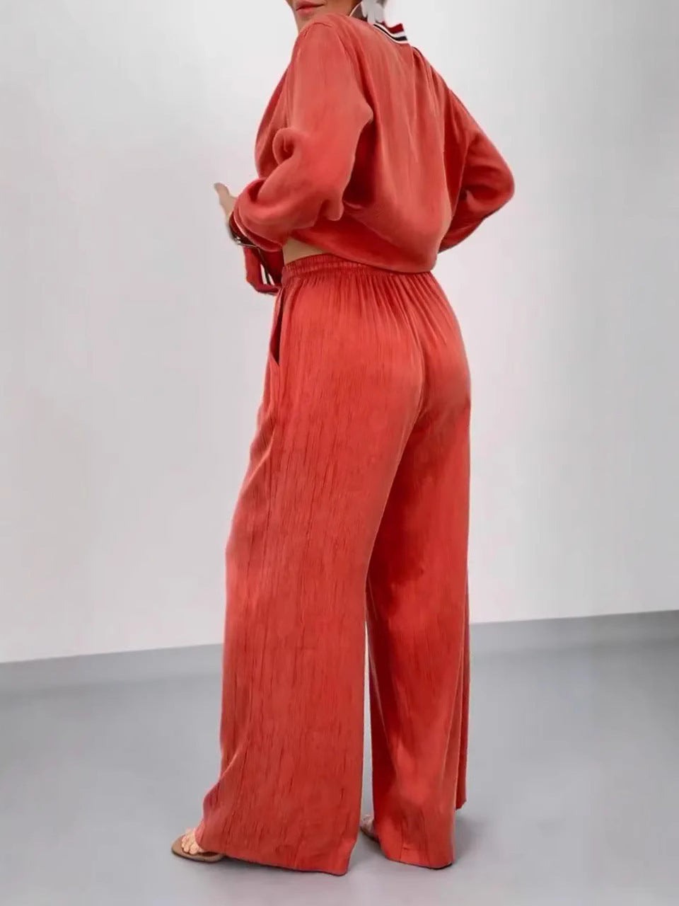 Round-Neck Patchwork Cardigan Top and Wide-Leg Pants Sets