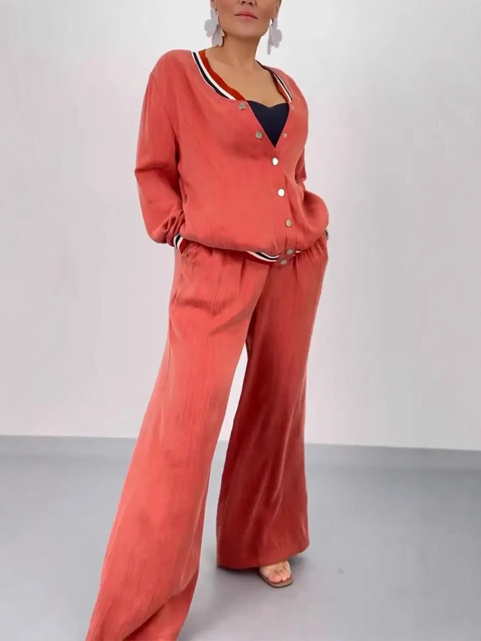 Round-Neck Patchwork Cardigan Top and Wide-Leg Pants Sets