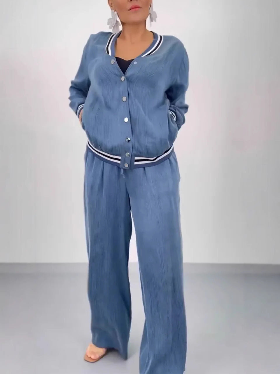 Round-Neck Patchwork Cardigan Top and Wide-Leg Pants Sets