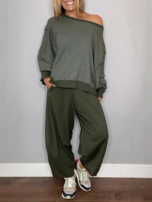 Solid-Color Off-Shoulder Loose-Fit Sets