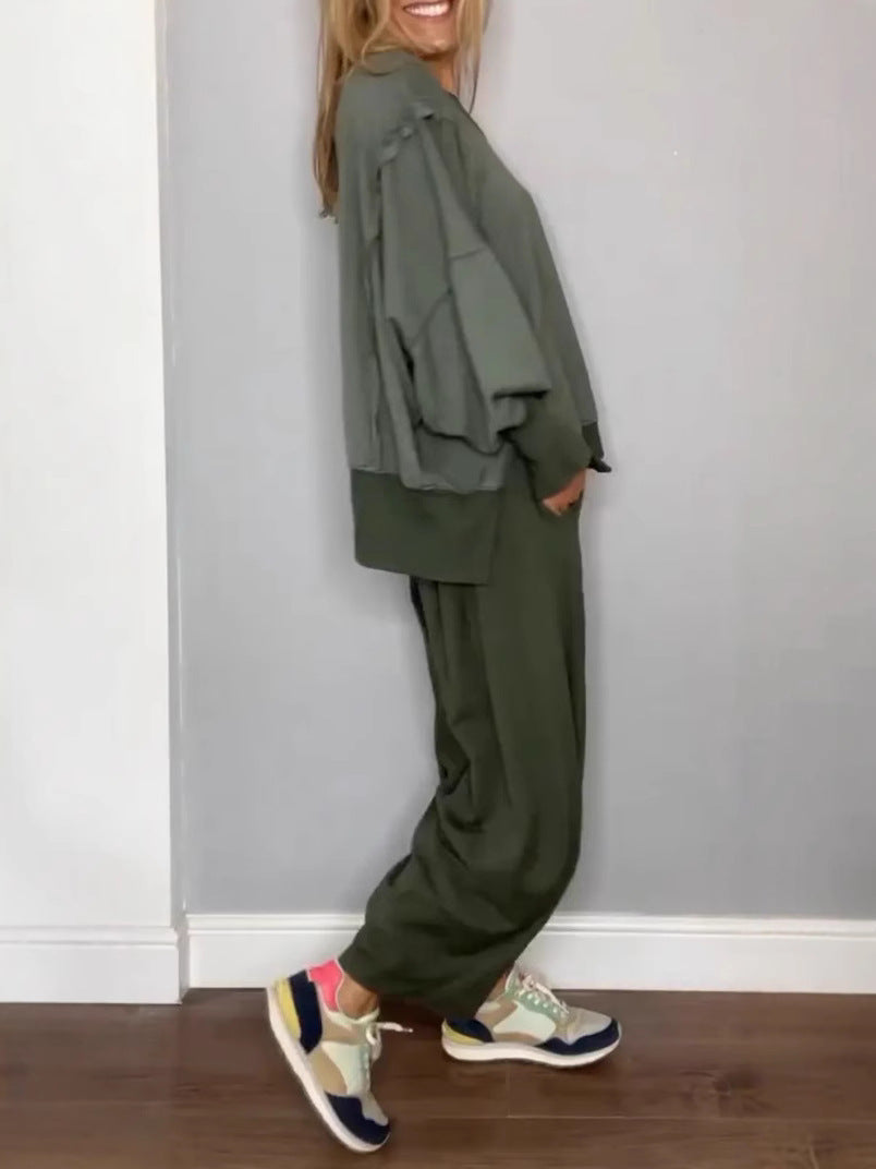 Solid-Color Off-Shoulder Loose-Fit Sets