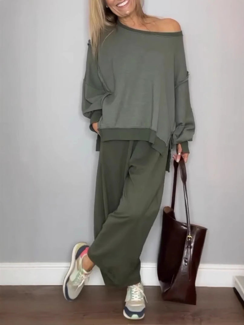 Solid-Color Off-Shoulder Loose-Fit Sets