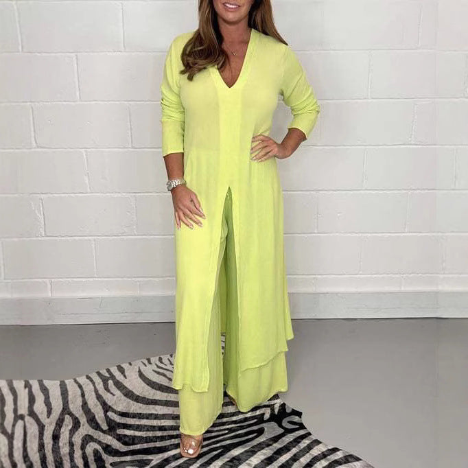 Solid Color V-Neck Long-Sleeve Top and Casual Sets