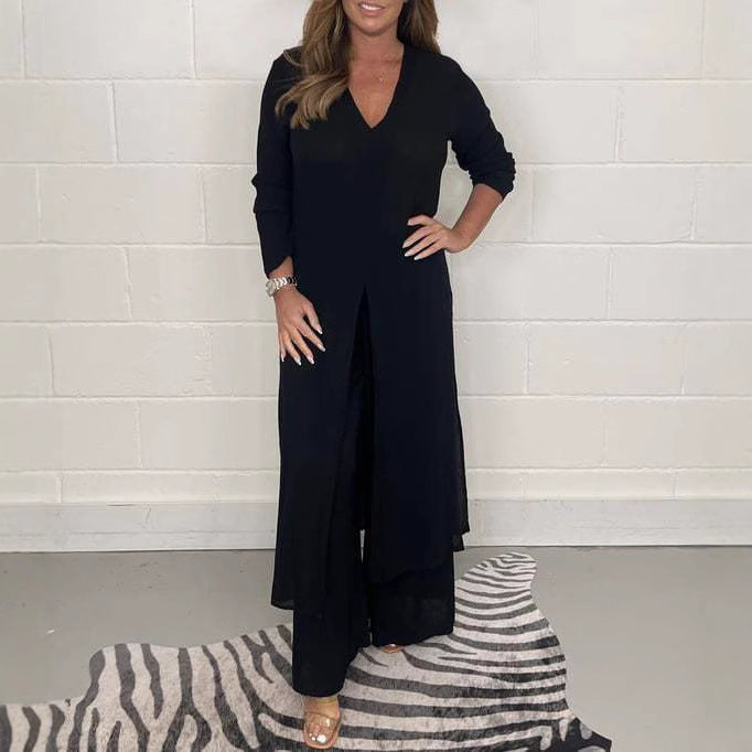 Solid Color V-Neck Long-Sleeve Top and Casual Sets