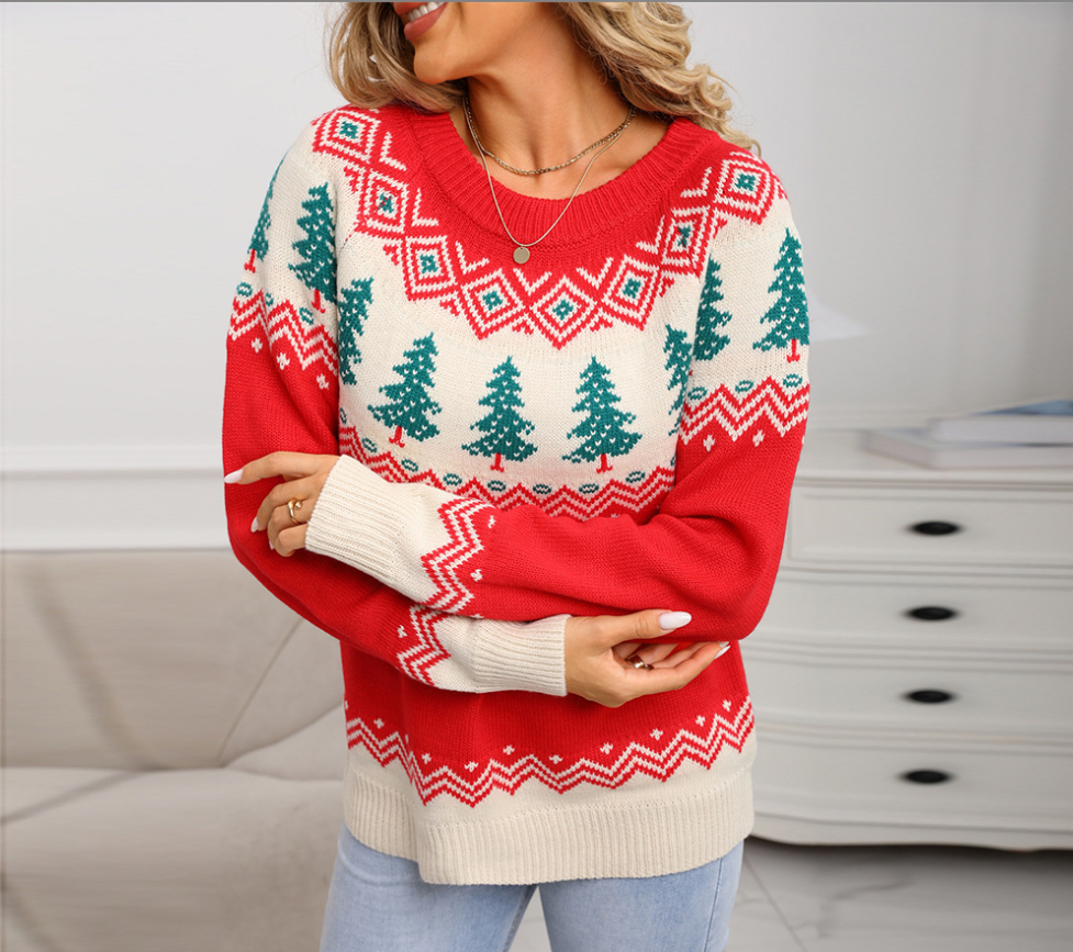 Round-Neck Jacquard Knit Sweaters
