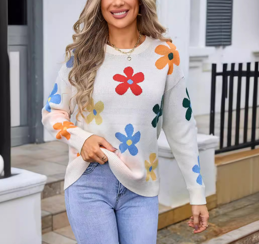 Floral Round Neck Pullover Sweaters