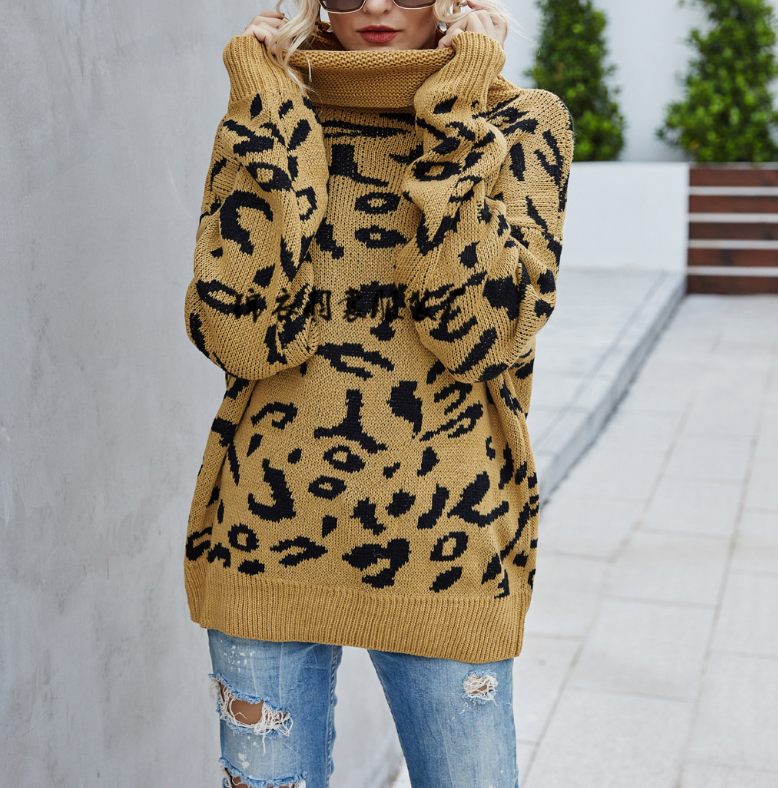 Split-Front Leopard-Print Collar Pullover Sweaters