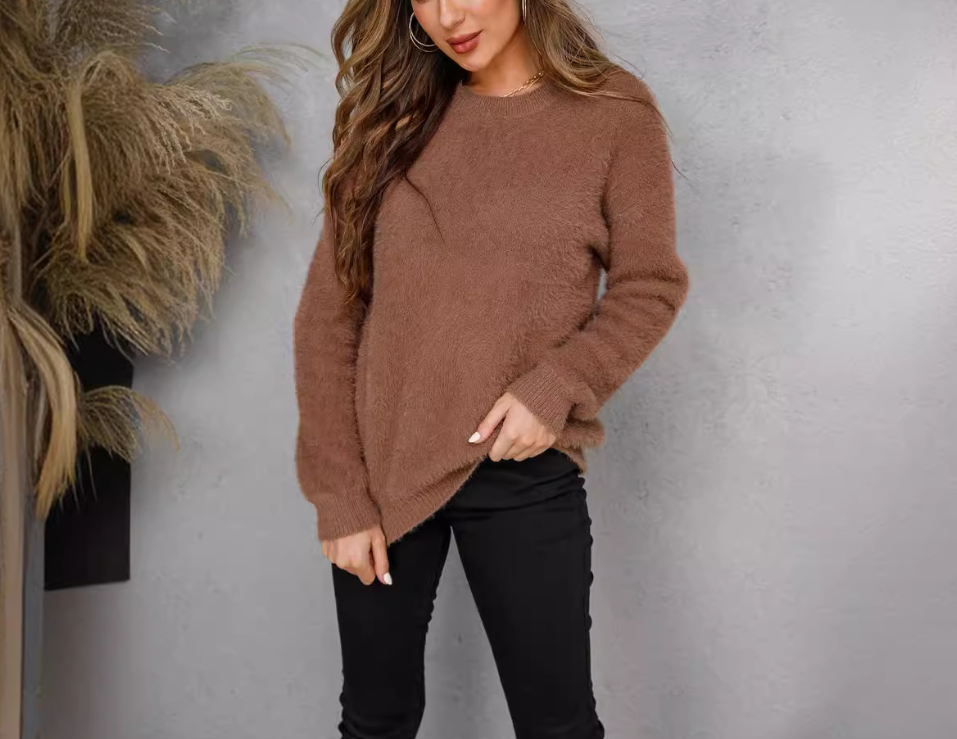 Solid-Color Fleece Pullover Crewneck Knit Sweaters