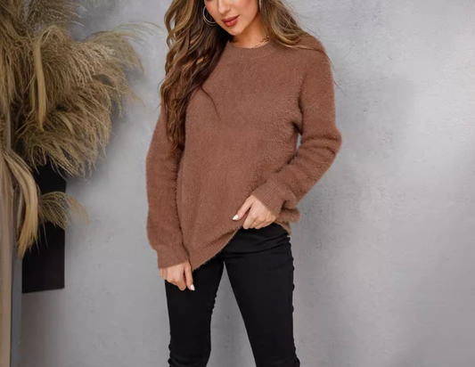 Solid-Color Fleece Pullover Crewneck Knit Sweaters